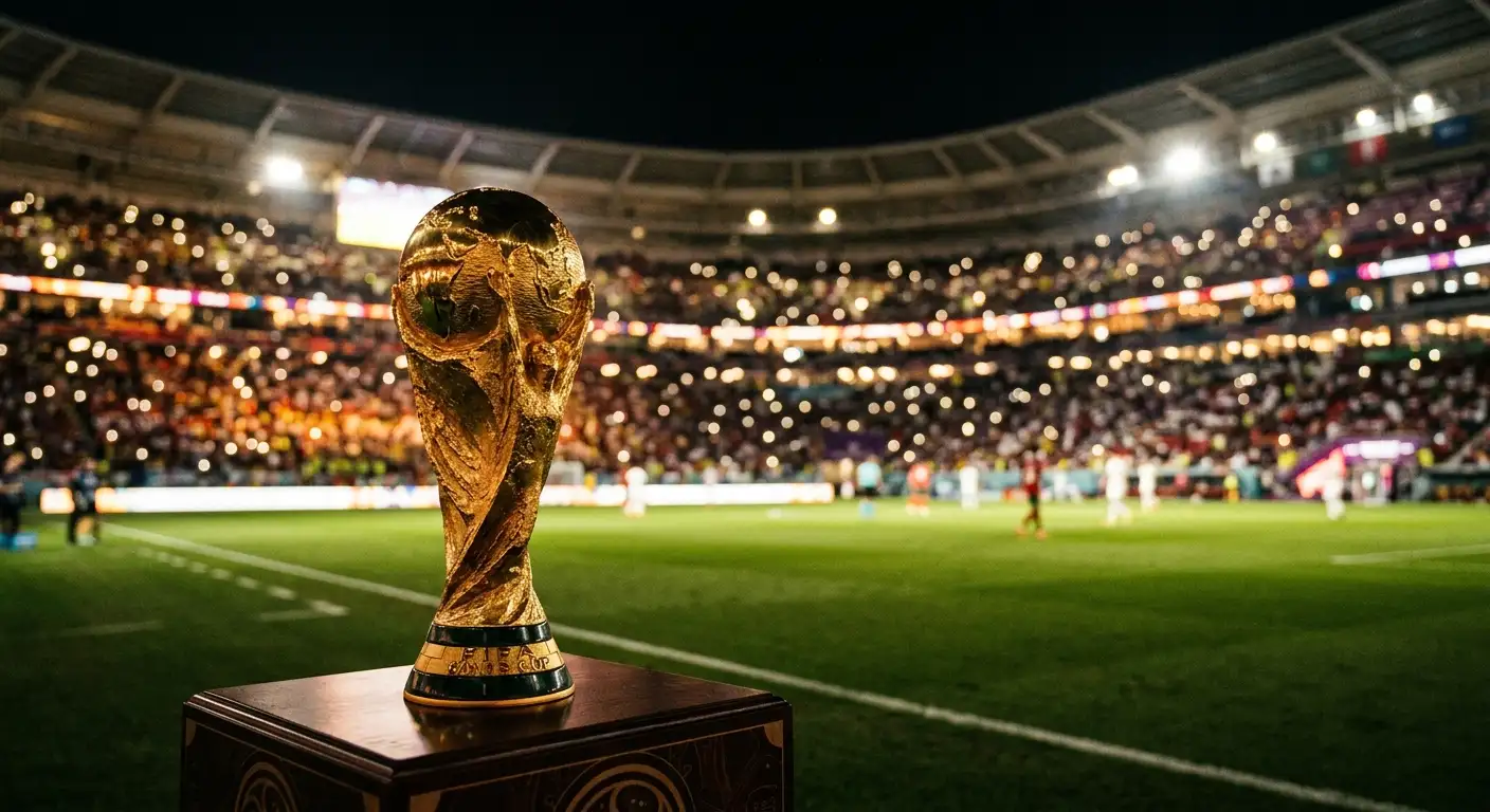 Verschneiter Trophäenglanz: goldene WM-Trophäe unscharf im Vordergrund, dahinter das erleuchtete Spielfeld eines vollen Stadions