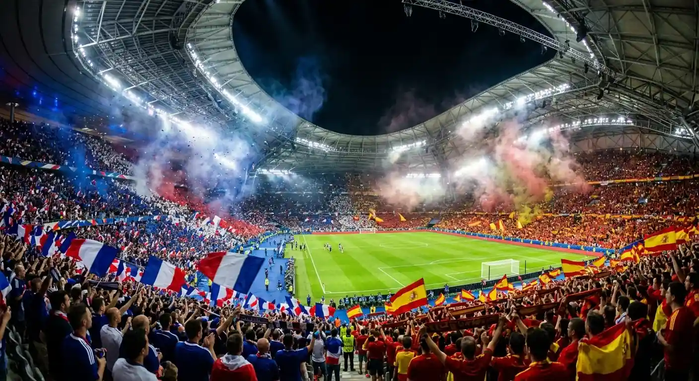 Französische und spanische Fans füllen ein modernes überdachtes Stadion vor dem Halbfinal-Anpfiff