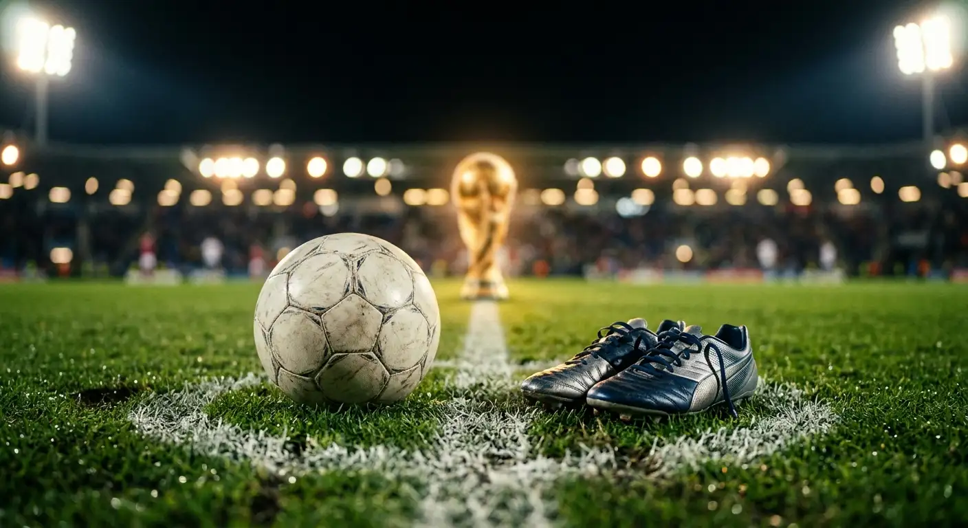 Zwei Fußballschuhe und ein Ball auf dem Anstoßpunkt bei Flutlicht, im Hintergrund unscharf die goldene WM-Trophäe