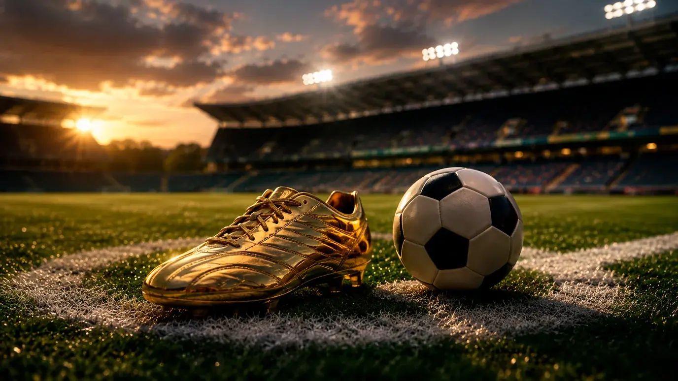Goldener Fußballschuh auf dem Anstoßpunkt eines Stadions im Abendlicht