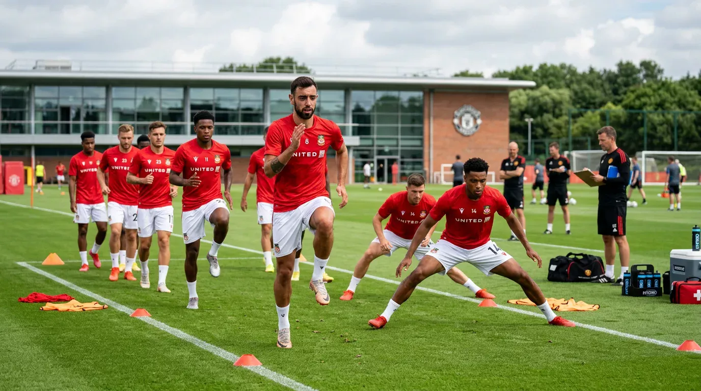 Fußballspieler in roten Trikots beim Aufwärmtraining auf einem Rasenplatz vor einem Länderspiel