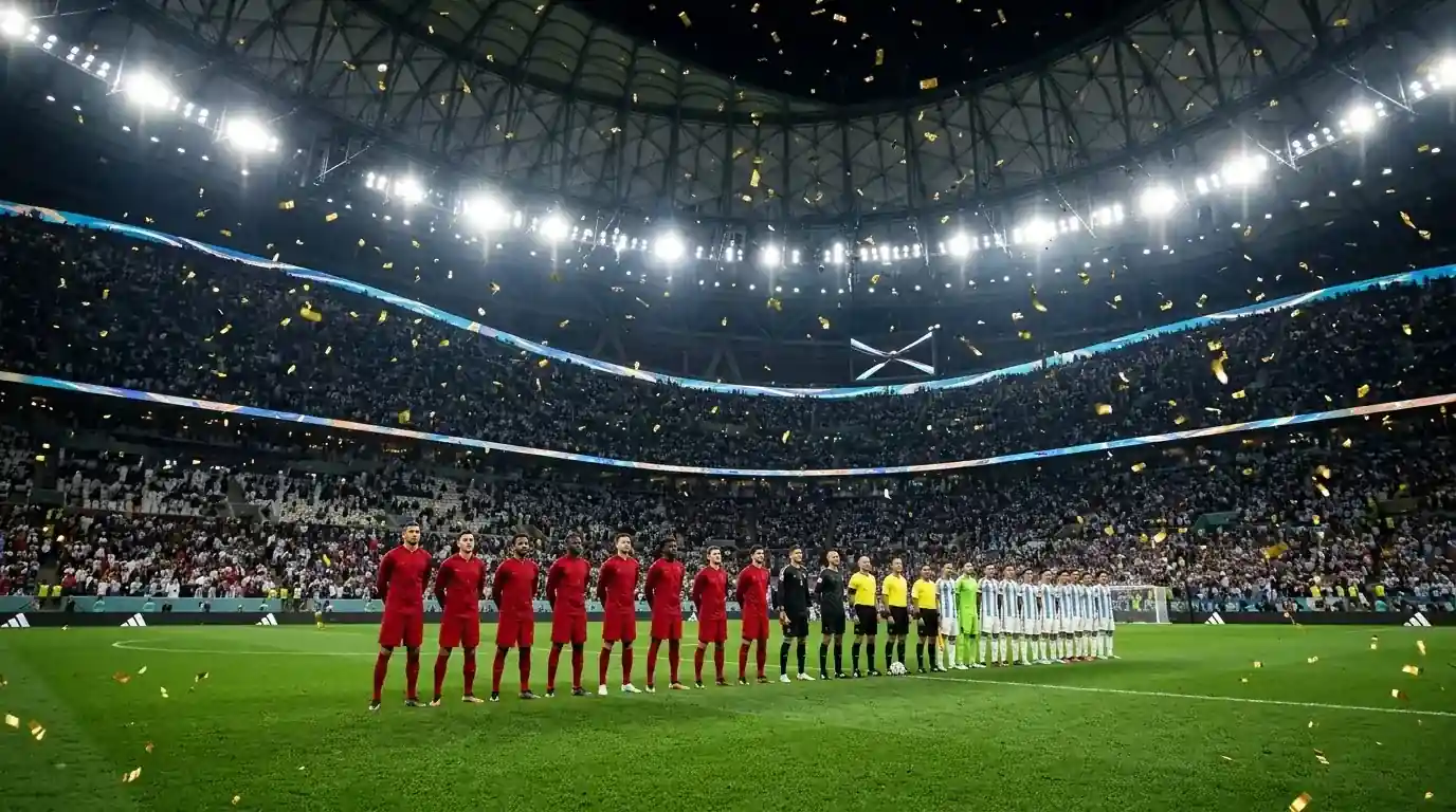 Zwei Mannschaften vor dem WM-Finale in einem vollen Stadion, goldenes Konfetti in der Luft