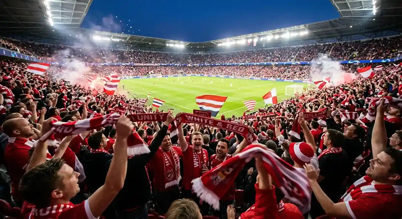 Österreichische Fans in Rot-Weiß-Rot feiern gebannt vor einer großen Stadionkulisse bei Flutlicht
