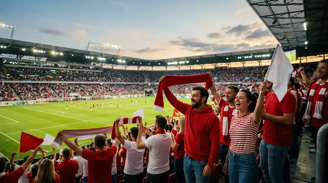 Österreichische Fans in Rot-Weiß-Rot fiebern gebannt vor einer großen Stadionkulisse bei Flutlicht mit