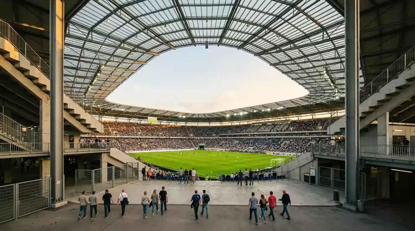 Modernes WM-Stadion mit teils geschlossenem Dach und offenen Seiten bei Abendlicht, Blick auf das erleuchtete Spielfeld