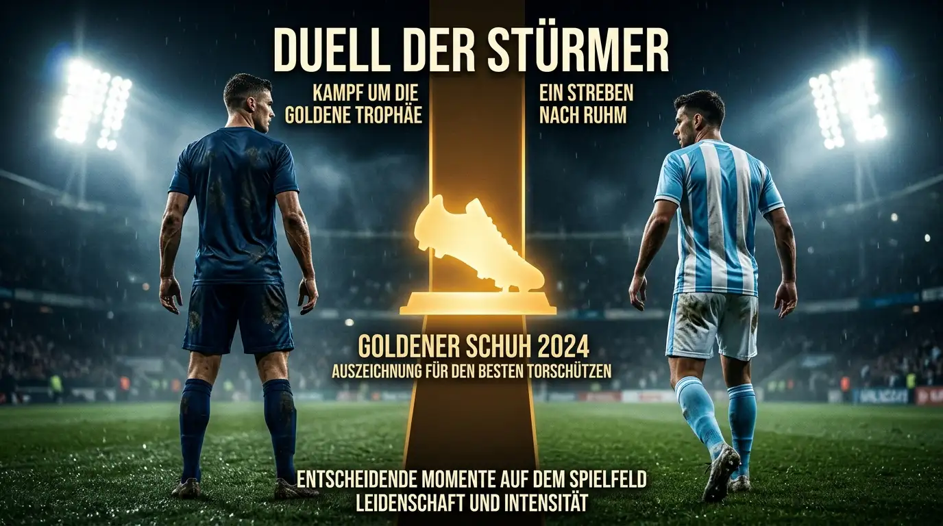 Zwei anonyme Fußballer-Silhouetten unter dramatischem Flutlicht, ein goldener Schuh leuchtet zwischen ihnen