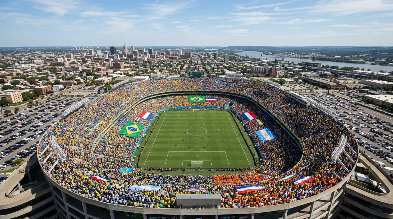 Luftaufnahme eines Fußballstadions während eines WM-Gruppenspiels mit Nationalflaggen der Teilnehmerländer