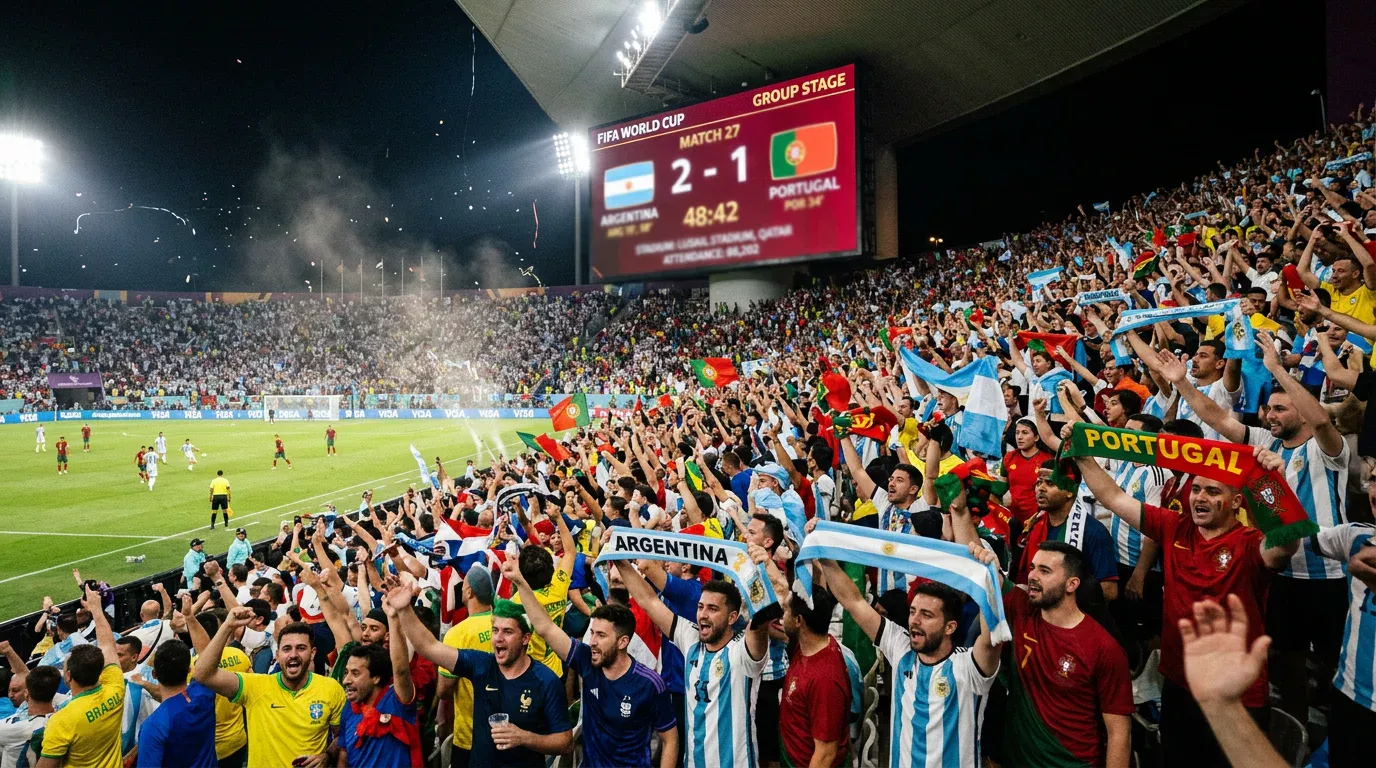Fußballfans verfolgen ein Spiel in einem Stadion mit Anzeigetafel und Spielergebnis
