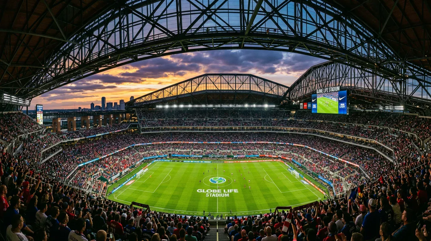 Panoramablick auf ein großes Fußballstadion in den USA bei Sonnenuntergang mit gefüllten Rängen
