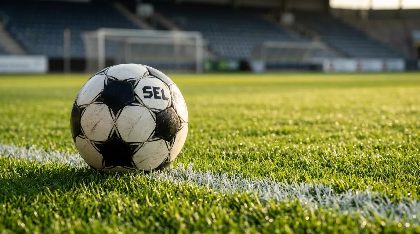 Detailaufnahme eines Fußballs auf dem Rasen eines Spielfelds mit Spielfeldmarkierungen im Hintergrund