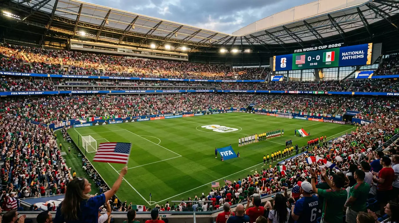 Fußballstadion bei der WM 2026 mit Blick auf das Spielfeld und die Zuschauertribünen
