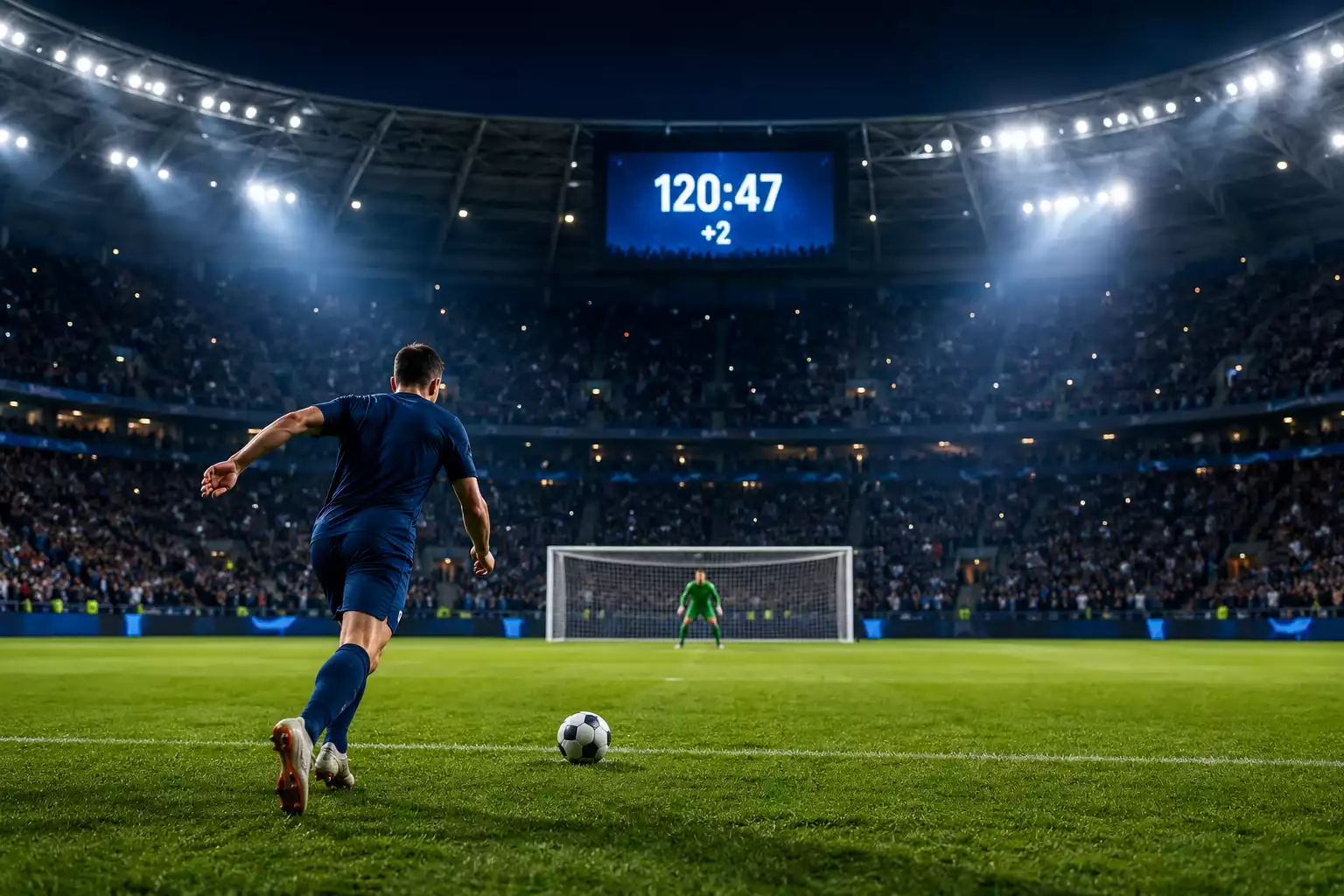 Nächtliches WM-Stadion, ein Spieler verwandelt in der Verlängerung einen Elfmeter, Anzeigetafel im Hintergrund