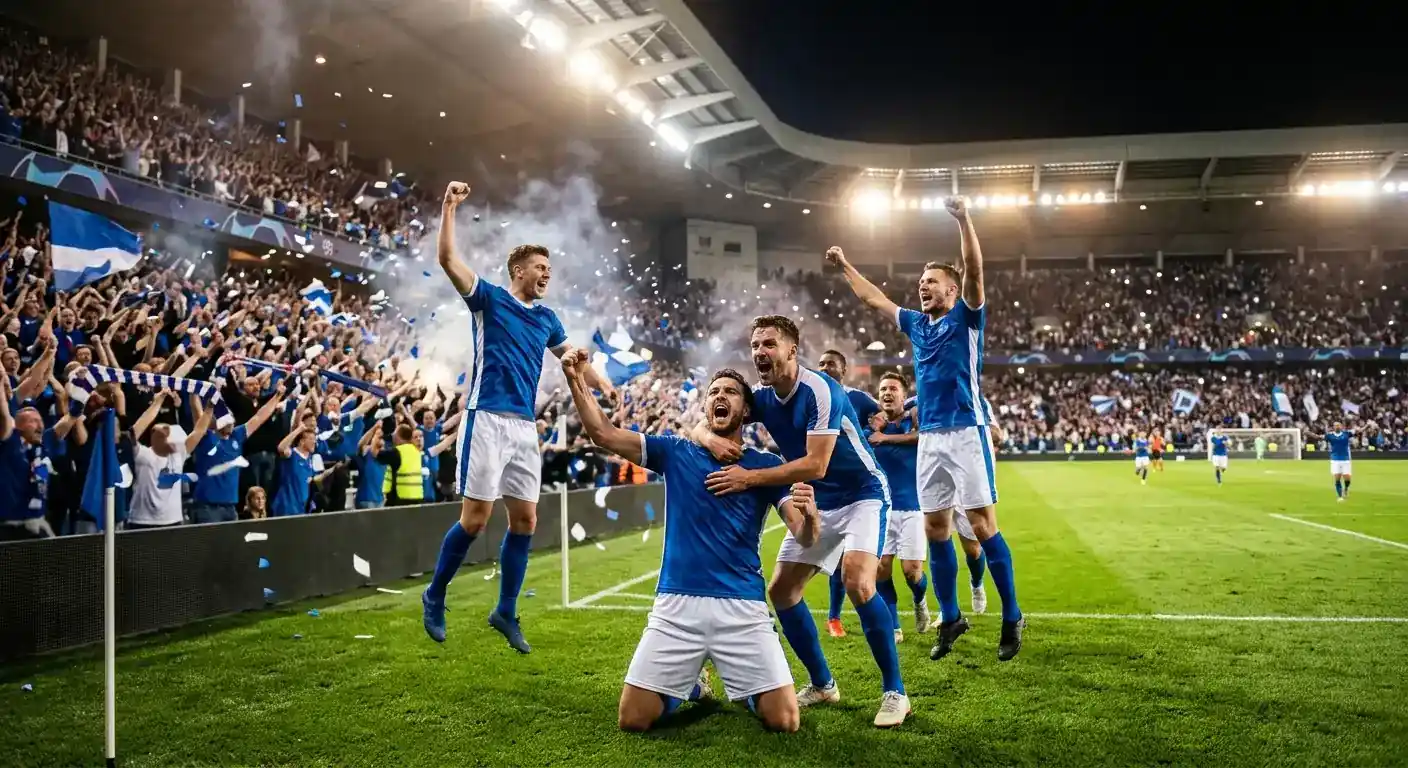 Spieler jubeln vor einer vollen Tribüne nach dem Einzug ins WM-Halbfinale, Konfetti in der Abendluft