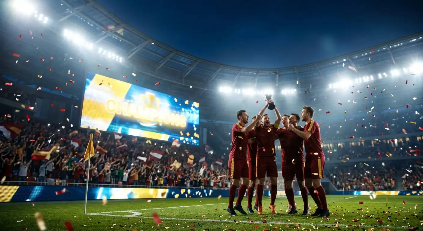 Nächtliches WM-Stadion, jubelnde Mannschaft in der Ecke vor der Anzeigetafel nach dem Schlusspfiff