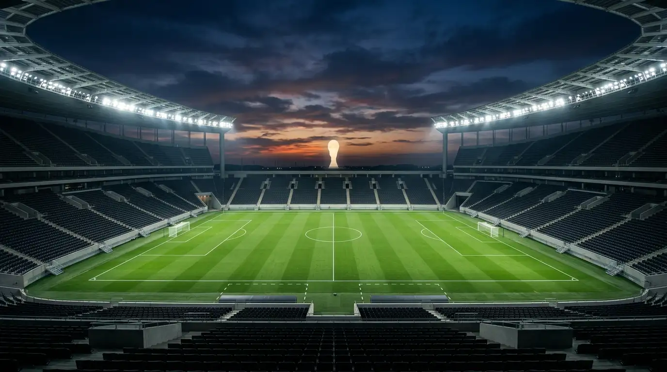 Leeres, flutlichtbeleuchtetes Fußballstadion in der Dämmerung vor einem großen Spiel, WM-Pokal am Horizont
