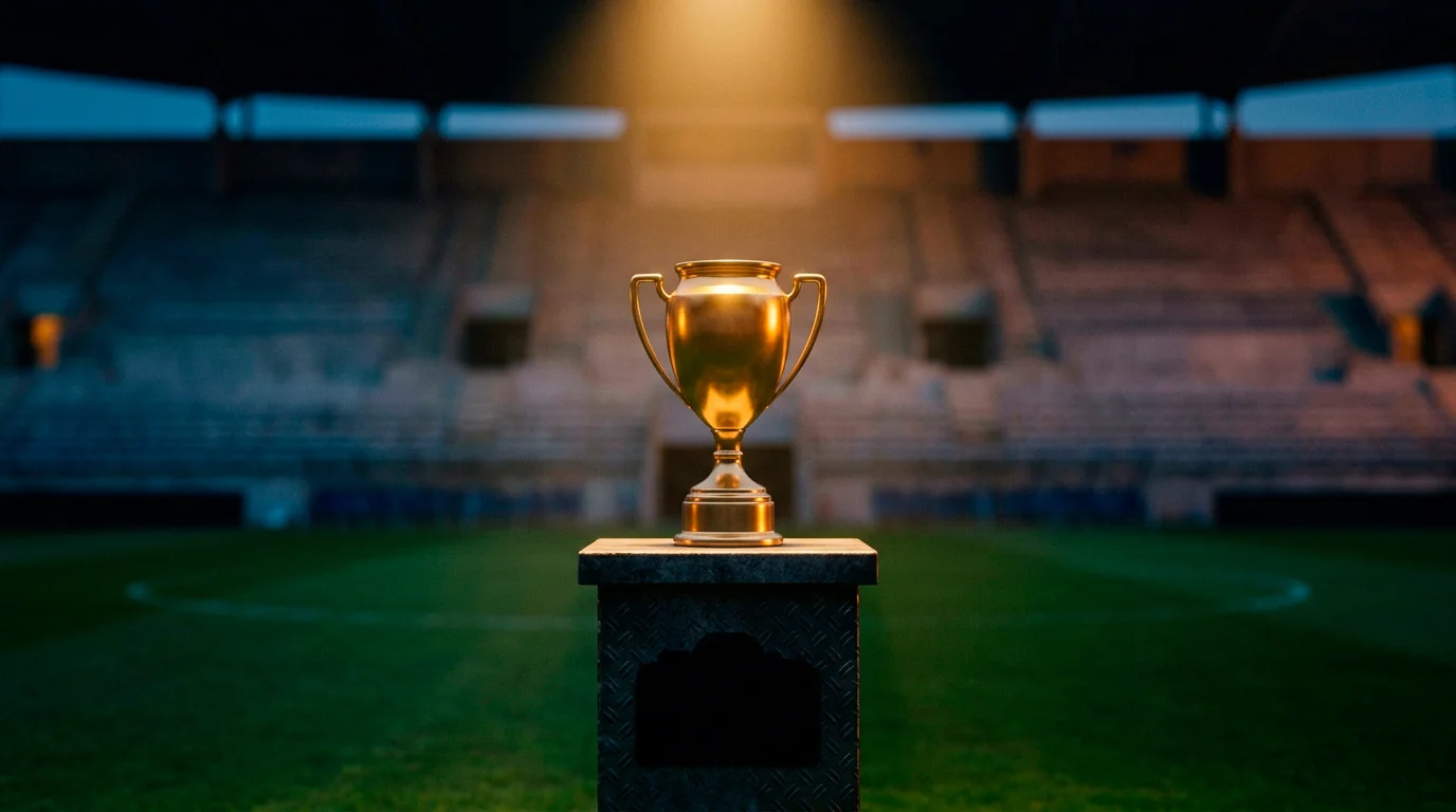 Großes WM-Trophäen-Motiv vor leeren Stadionrängen im Abendlicht
