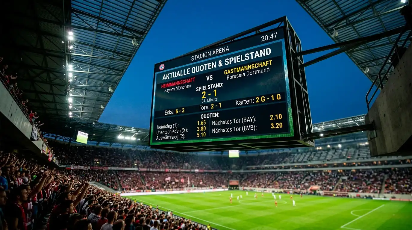 Anzeigetafel mit Quoten und Spielplan in einem WM-Stadion