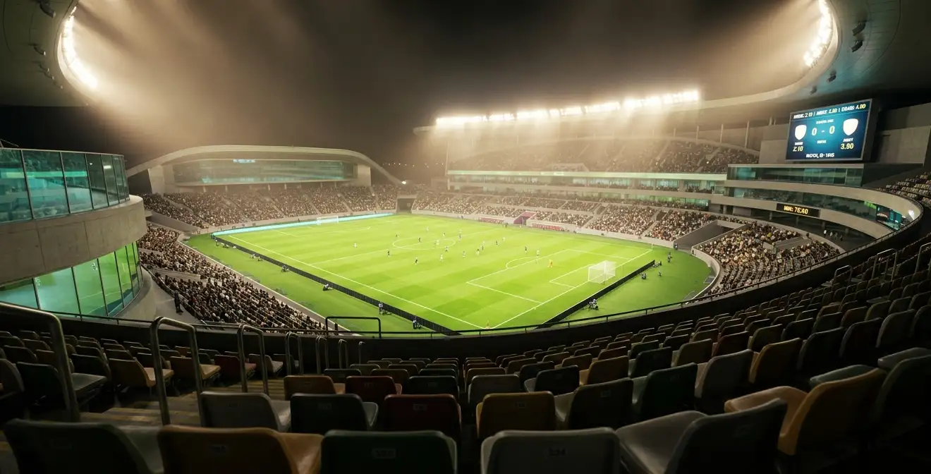 Nächtliches WM-Stadion mit hell erleuchteter Anzeigetafel und Quoten, Blick von der Tribüne aufs Spielfeld